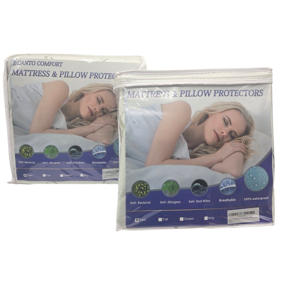 Set of 2 Twin Waterproof Bamboo Mattress Protector With Pillowcase Protector 4pc